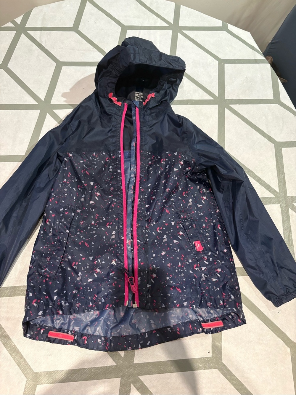 Quechua Navy Raincoat with Pink Trim and Confetti Print